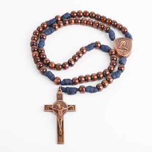 Chapelet Catholique en Bois avec <span class=keywords><strong>Croix</strong></span> de Jésus et Pendentif Saint, Bronze Antique, pour Pâques et Église - Product Image 5