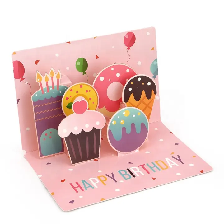 Großhandel benutzer definierte Druck rosa handgemachtes Papier niedlichen Mädchen Dessert Kuchen 3D Pop Up alles Gute zum Geburtstag Grußkarten mit Umschlägen