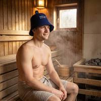 Chapeau de sauna doux artisanal haut de gamme en fibre de laine bleu profond avec slogan inspirant et boucle de suspension pour le refroidissement, le yoga, le spa et les soins capillaires