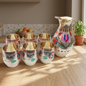 Juego de Vajilla de Latón Puro Hecho a Mano y Ecológico, 1 Jarra y 6 Vasos de Agua con Incrustaciones Doradas, Apto para Lavavajillas, para el Hogar, Bodas, Fiestas, Regalo - Product Image 2