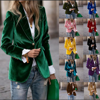 Blazer Elegante de Terciopelo Dorado para Mujer, Bordado a Mano, Cuello Mao, Manga Larga, Corte Entallado, con Bolsillos, Tallas S-3XL, Venta al Por Mayor