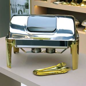 <span class=keywords><strong>Plat</strong></span> à chafing de luxe décoratif et élégant, grande capacité 9,0 L, forme rectangulaire, avec couvercle roulant, couleur argent et or - Product Image 3