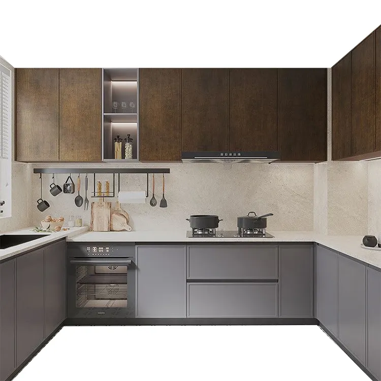 Factory Customized Modern Europe Style Grey Khaki Beige Integrated MDF HDF Solid Wooden Kitchen Cabinets for Housing Combination