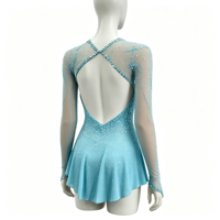 Robe de patinage artistique turquoise, col en V, manches longues en maille, dos ouvert croisé, jupe courte entièrement ornée de strass pour adultes et enfants