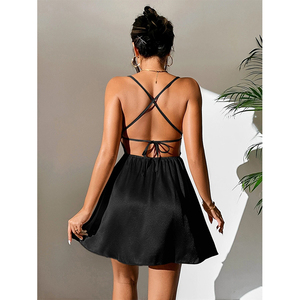 Robe courte en soie à lacets pour femmes, dos nu, noir, <span class=keywords><strong>2022</strong></span>, nouvelle collection 100% - Product Image 2