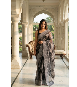 Compre un Sari Elegante y Exquisito para Fiestas, Blusa de Seda con Diamantes, Bordado Zari Plateado, Protección Solar, Secado Rápido para Mujer, Especial - Product Image 1