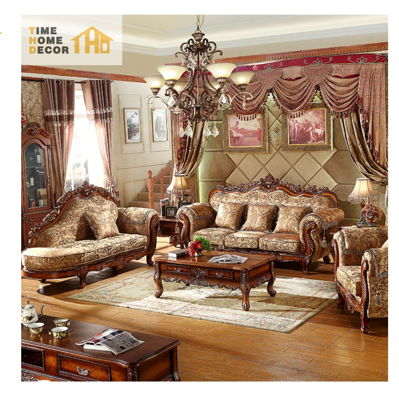 مجموعة أريكة 1+2+3 مصنوعة من خشب عتيق متين ومكونة من 7 مقاعد أريكة فاخرة كلاسيكية على الطراز العربي والشرقي الأوسط والأوروبي
