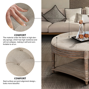Round Waterproof Ottoman Coffee <b>Table</b> 2 Tier Button Tufted Wooden Shelf Storage Farmhouse Style - Product Image 5