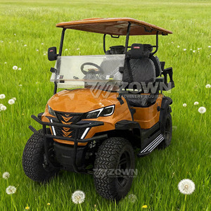 Carrito de golf eléctrico de dos plazas con techo naranja y neumáticos todoterreno, ideal para excursiones rurales al aire libre. - Product Image 2