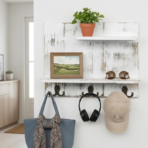 Kệ để đồ nhà tắm bằng gỗ chắc chắn, màu trắng nhạt, kiểu dáng cổ điển, gắn tường 2 tầng, có 6 móc treo khăn - Product Image 3