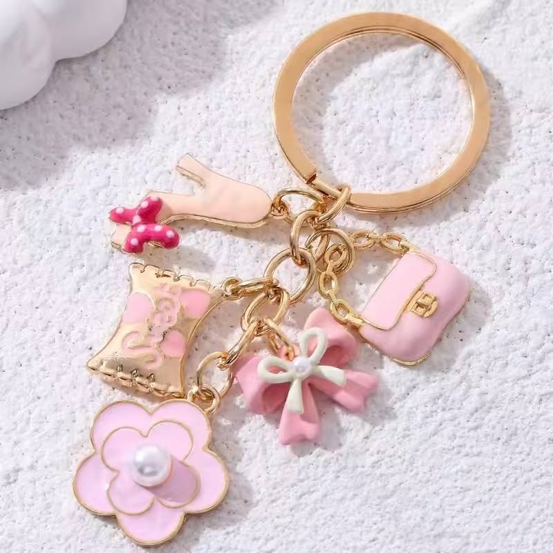 Fashion Cute Pink Heart Key Charm Buckle Floral Bow Bag Enamel