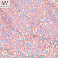 Tissu en maille extensible rose Nanyee, tricoté et brodé, avec des paillettes irisées violettes et bleues brillantes de 3 mm, pour robes de mariée et de demoiselles d'honneur