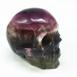 Natural Rare Purple Rainbow Fluorite Skulls Hollow Out Carved Life Size Real Human Crystal Skulls for Sale