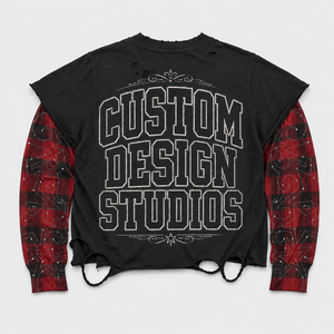 Camiseta de manga larga extragrande OEM con lavado vintage, 300 g/m² de algodón pesado, con empalmes a cuadros, doble capa y efecto desgastado para hombre - Product Image 2