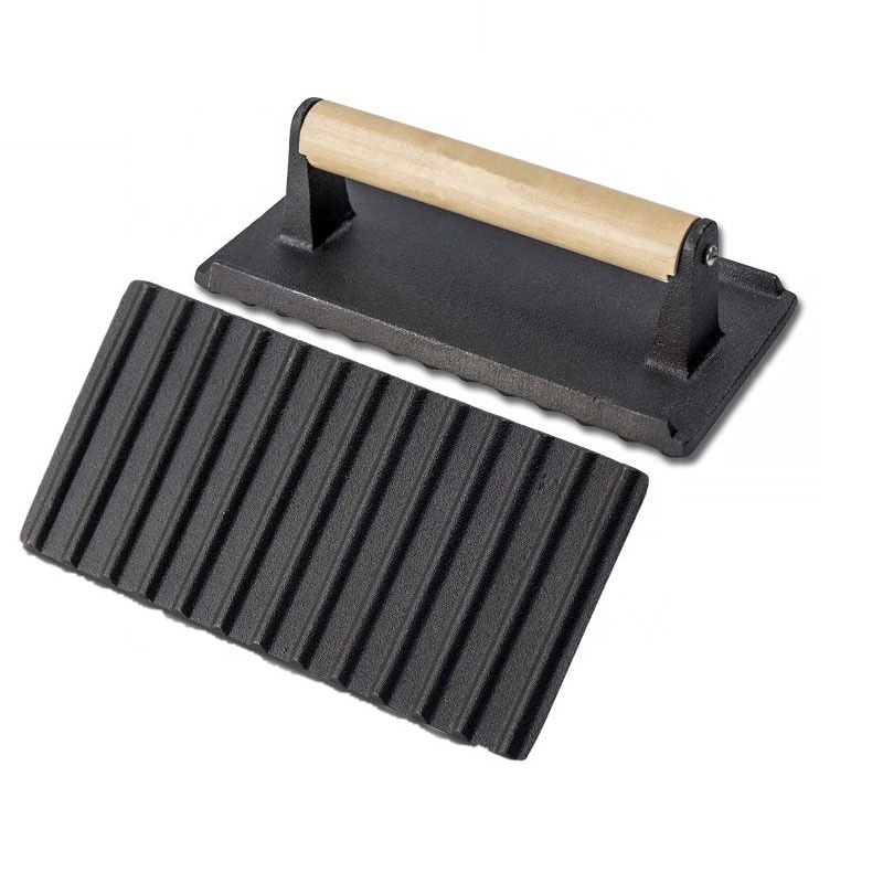 Прямоугольная предварительно приправленная чугунная пресс для бургеров с деревянной ручкой, пресс для бекона, Корейская сковорода для барбекю и гриля