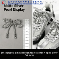 Lacets plats argentés scintillants avec breloques nœud perlé – Lacets décoratifs de remplacement pour baskets et chaussures de sport