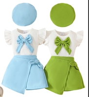 Ensemble Filles Bébé Nouvel An, Haut Manches Courtes Grand Nœud, Jupe Irrégulière et Béret 3 Pièces, Tenue de Noël pour Tout-petits