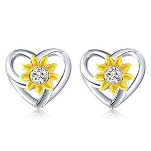 Orecchini a perno a forma di cuore e girasole da donna, bicolore, cavi, gioielli alla moda - Product Image 1