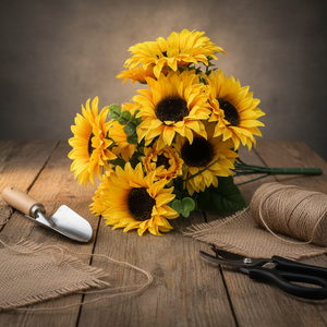 <span class=keywords><strong>Bouquet</strong></span> de tournesols artificiels faits main de style européen avec tiges en plastique - Décoration rustique pour la maison, idéal pour les mariages et les douches nuptiales - Product Image 6