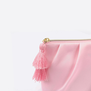 Custom <b>Pink</b> Satin Cosmetic Pouch with Gold Foil Logo and Double Tassel for Bridesmaid Gifts and Travel Makeup Storage - Product Image 3