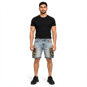 Men's Stonewashed Denim <b>Shorts</b> With <b>Camo</b> Patch Pockets Mid Waist Casual Summer Style 100% Cotton Breathable Denim <b>Shorts</b> - Product Image 1