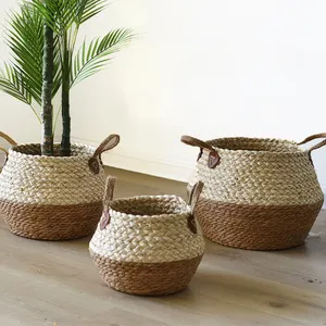 Casa tejida a mano, cesta de almacenamiento de vientre de seagrass planta cesta