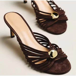 Summer Casual Strappy Stiletto <b>Heel</b> Sandals Women Open Round Toe slip on Heeled Sandals with Gold Detail and Pearl Mule Shoes - Product Image 1
