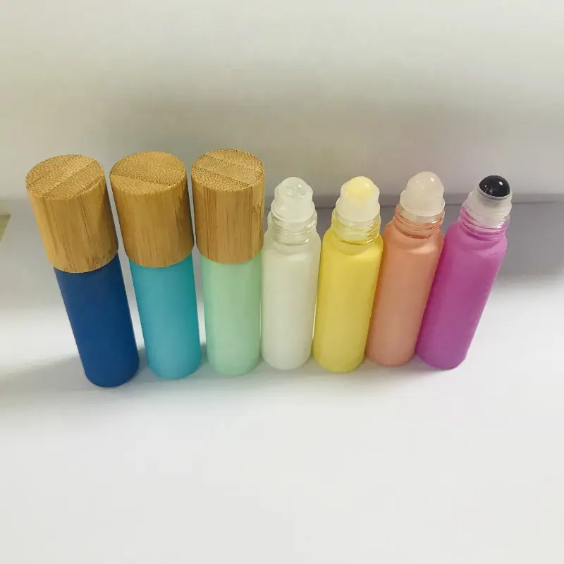 Matte Glass Bottle Wholesale 10ml Real Bamboo Cap Blue Cyan Green White Yellow Pink Purple Matte Colored Gemstone Glass Bottle With Roller On