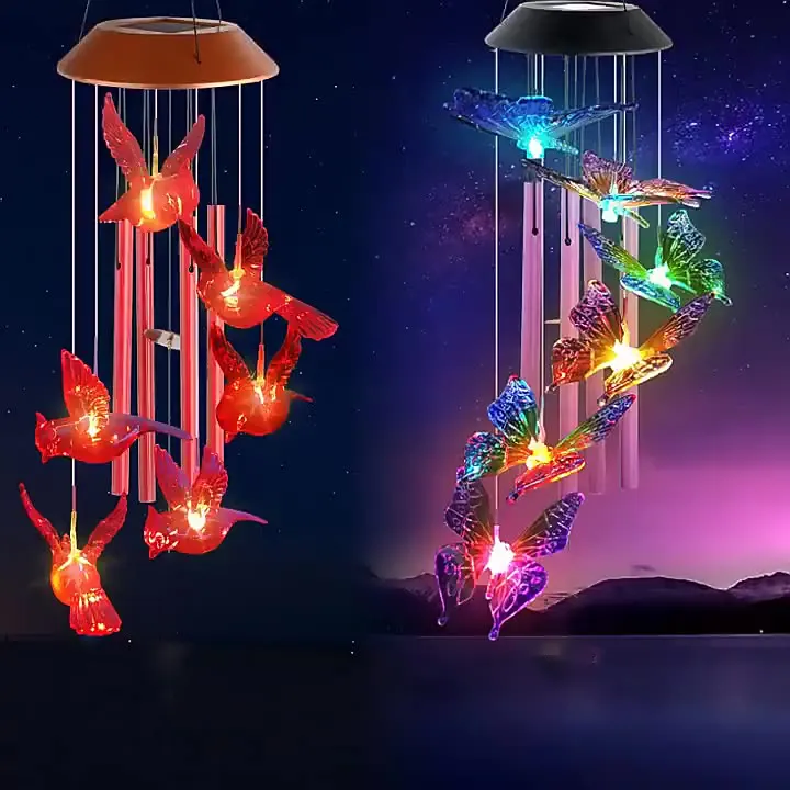 Howlighting Waterproof Garden Decor Butterfly Color Changing Led Solar Wind Chime Light With Aluminum Tube And Wooden Sign