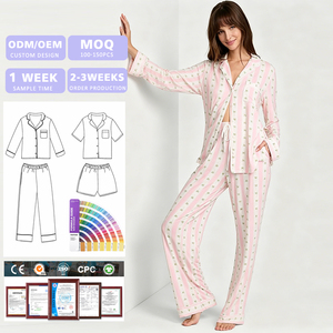 Conjunto de Pijama Rosa para Mujer, Personalizable con Muestras, de Bambú, con Estampado a Rayas, Manga Larga y Pantalones - Product Image 1
