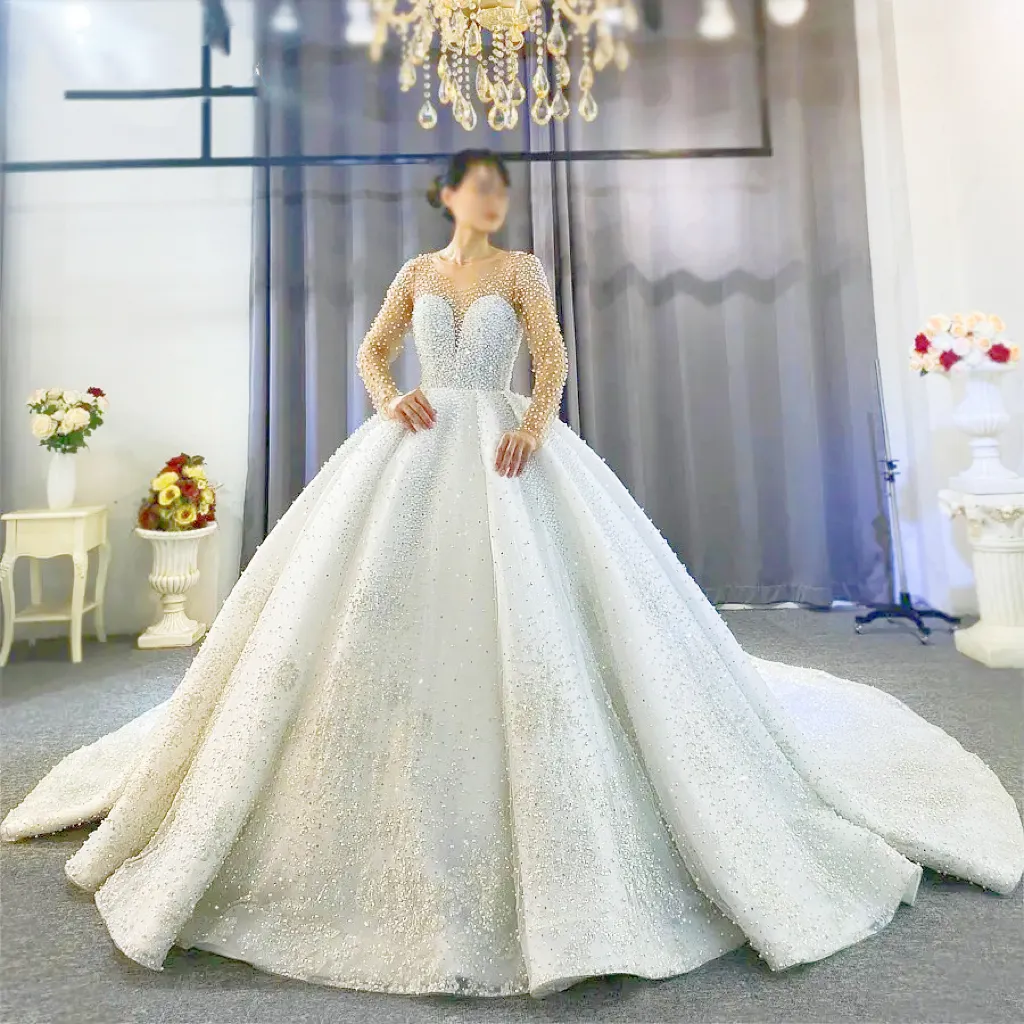 Full Pearls Wedding Dress Luxury Handmade Pearls Crystals Bridal Gown Long Sleeve Vestidos 2023 New Bride De Novia Ball Dresses
