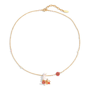 Collana con Coniglio in Ottone, Fiore Rosa e Nappa, Placcata Oro 18K, con Perla d'Acqua Dolce - Adorabile Stile <span class=keywords><strong>Alice</strong></span> nel <span class=keywords><strong>Paese</strong></span> delle <span class=keywords><strong>Meraviglie</strong></span>, Bianca - Product Image 2