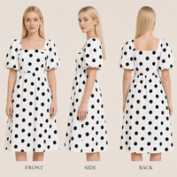 Vestido Midi Plisado con Mangas Abullonadas y Cintura Imperio, Estilo Dulce y Moderno, Verano, ODM, Estampado Digital de Lunares Negros, Tejido Transpirable