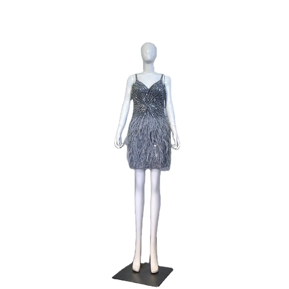 Grey Spaghetti Strap Short Sexy Cocktail Party Dresses 2022 Serene Hill LA70766 Feathers Beaded Mermaid Evening Gowns
