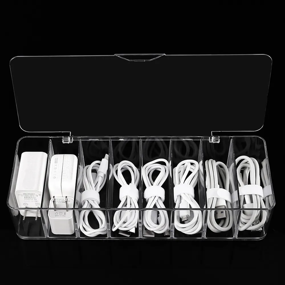 Caja de almacenamiento de cables rectangulares de acrílico transparente portátil, organizador de línea de datos de plástico con tapa