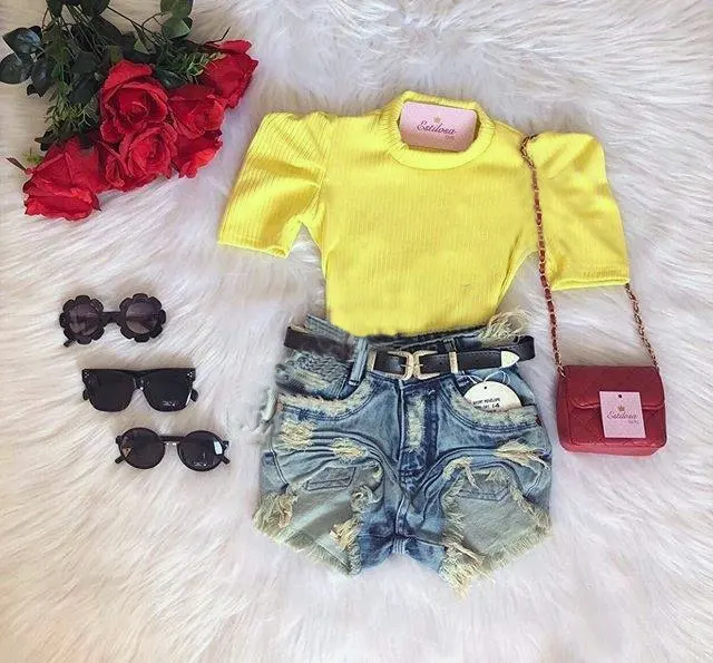 2021 Baby Girl Kleidung Rüschen Short Puff Sleeve Strick Pullover T-Shirt Denim Ripped Shorts Einfarbige Kinder Sommer Kleidung Sets