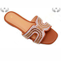 Sandales pour femmes à bout ouvert avec strass, tongs antidérapantes, pantoufles d'été tendance, chaussures plates pour femmes