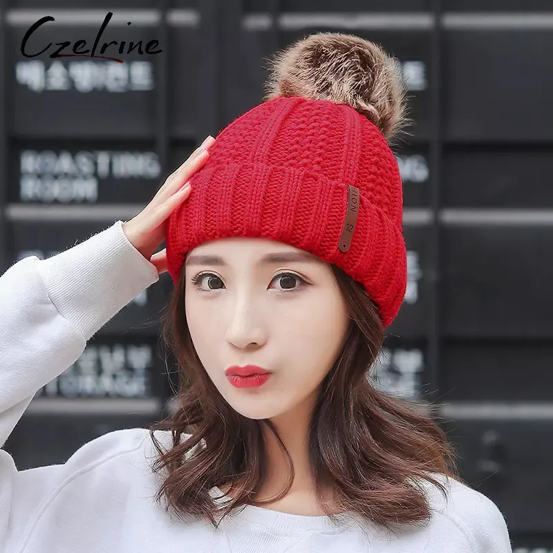 Custom logo 2022 sale stylish cute slogan fur knit beanies red black and white furry winter hats for women