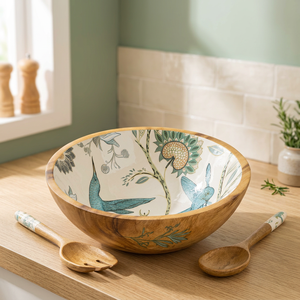 Bol à salade en bois fait main, motif floral et oiseaux peint à la main, grain de bois naturel, vaisselle pour la maison, nouvelle arrivée, bol personnalisé - Product Image 1
