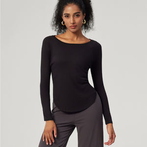<span class=keywords><strong>T</strong></span>-shirt côtelé à manches longues pour femme, coupe ample, respirant et à séchage rapide, en Spandex/Nylon, idéal pour le yoga et la danse, toutes saisons, transfrontalier - Product Image 4