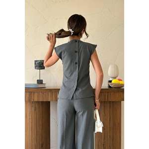 Conjunto de Camisa Gris sin Mangas con Botones y Pantalones de Traje para Mujer, Ropa Formal de Oficina, Atuendo de Negocios, Pantalones de Pierna Ancha - Product Image 1