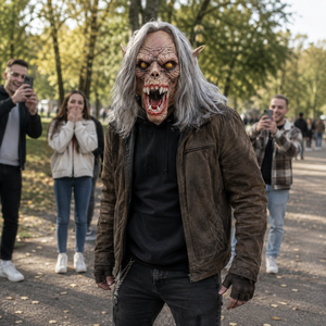 Masque en latex de monstre <span class=keywords><strong>loup</strong></span>-<span class=keywords><strong>garou</strong></span> effrayant, tête entière, visage de bête d'horreur avec cheveux gris, yeux jaunes, crocs pour Halloween, cosplay, accessoires de fête - Product Image 5