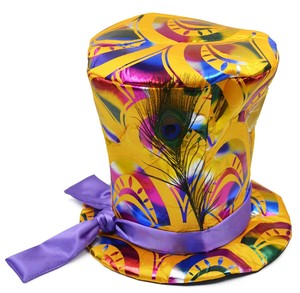 Plush High Quality Polyester Striped Gold Party Fancy Peacock Feathers Satin Unisex <strong>Mad</strong> <strong>Hatter</strong> <strong>Hat</strong> MH-1169 - Product Image 4