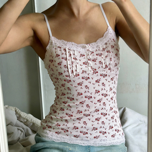 Romantic Floral Lace Button Vacation Style Knit Loungewear Women's <b>Spaghetti</b> <b>Strap</b> Cami Top - Product Image 1