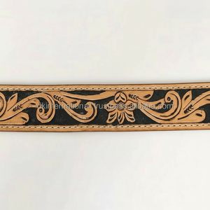 Ceinture en cuir de vachette épaisse de couleur brun tan de luxe avec des motifs sculptés à la main et peints à la main Ceinture en cuir de designer - Product Image 1