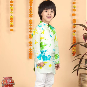 ชุดคุรตะเด็กผู้ชายสีขาวพิมพ์ลายหลากสี ชุดคุรตะสำหรับเด็กผู้ชายสไตล์ชาติพันธุ์สำหรับงานเทศกาล ชุดคุรตะแบบดั้งเดิมทันสมัยสำหรับงานปาร์ตี้ งานแต่งงาน และงานเทศกาลต่างๆ - Product Image 1