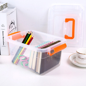 Transparent Plastic Storage Box With Lid Rectangle Orange Handles For Toys Clothes Snacks Home Organizer - Product Image 1