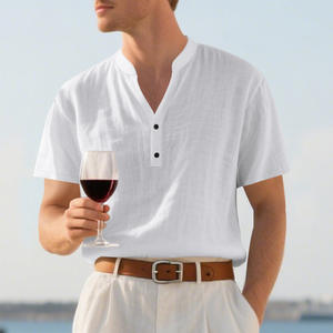 Chemise d'été pour homme en lin à manches courtes, col montant, boutonnée, coupe ample, décontractée, respirante, couleur unie, grande taille - Product Image 3