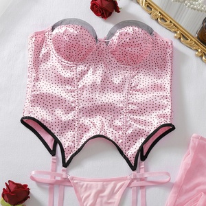 Nouvel ensemble de lingerie sexy pour femme : corset push-up en satin rose à pois sans bretelles, <span class=keywords><strong>porte</strong></span>-jarretelles <span class=keywords><strong>et</strong></span> bas transparents - Product Image 4