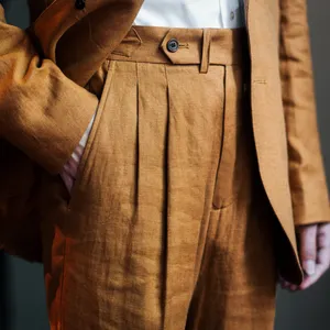 2023 new Italian retro linen hemmed pants trousers business casual Paris buckle men's slim fit suit trousers